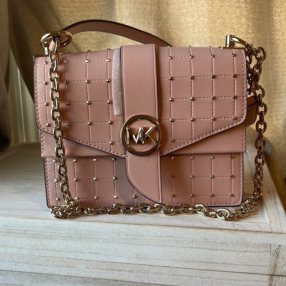 MK crossbody purse, pink, gold studded